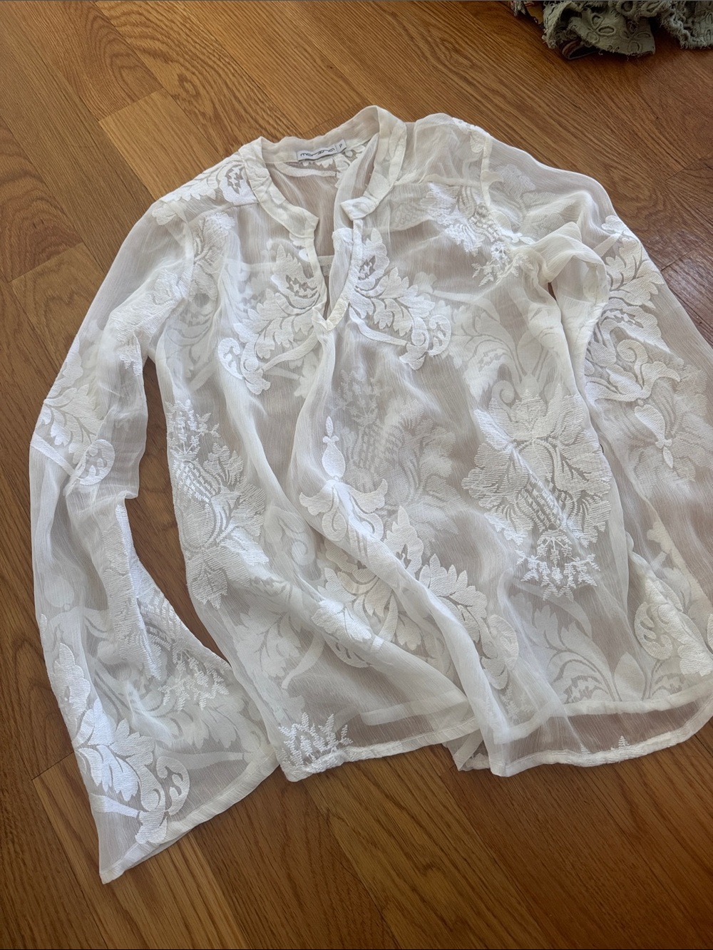 Sheer White Embroidered Long-Sleeve Women's Blouse